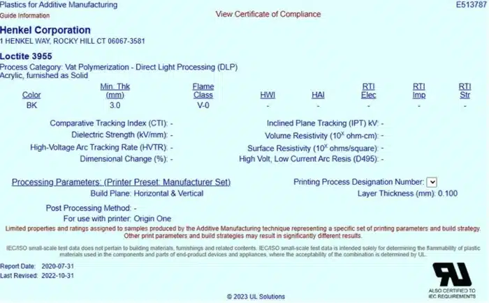 Una fórmula certificada para imprimir piezas en 3D FST de alta temperatura: Origin One + Loctite 3D 3955 FST